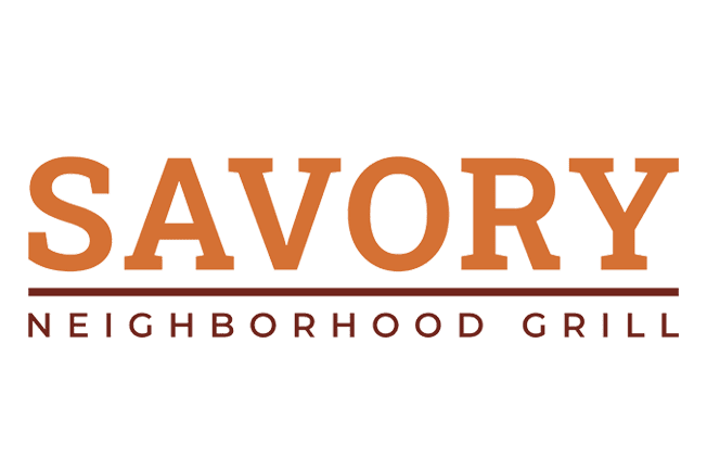 orange lettered words spelling the word savory with a dark red brown line underneath followed by dark red brown letters that spell neighborhood grill